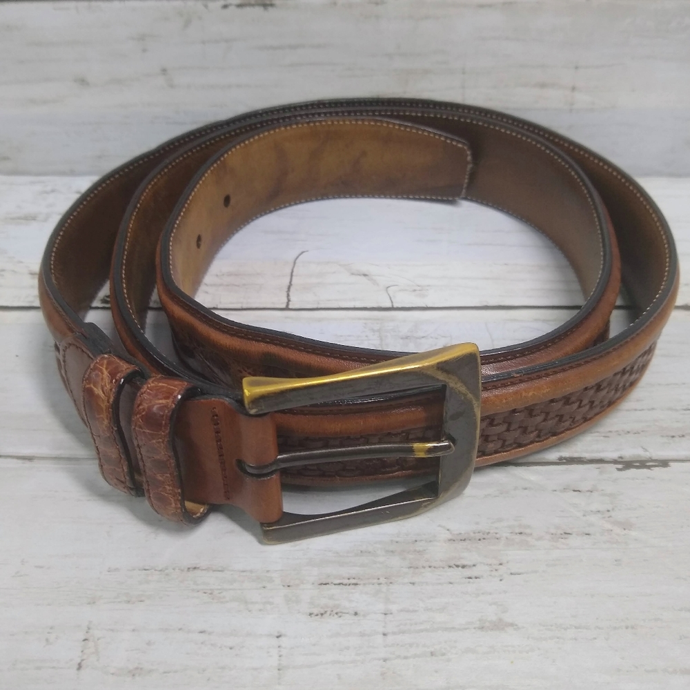 Spanish Made Genuine Crocodile Leather/Brass Men's Woven Brown Large Belt/Buckle
